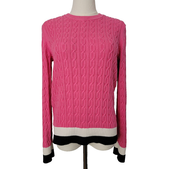 Tommy Hilfiger Cable Knit Pink Sweater Preppy Fitted Sz M 100% Cotton Fisherman - Picture 1 of 6